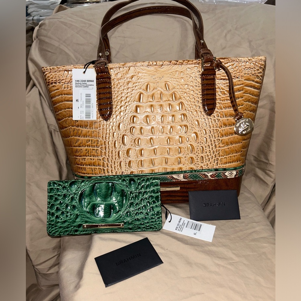 Brahmin Tan and Green Croc-Embossed Tote with Wallet